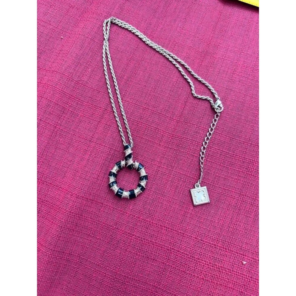 Brighton Silver Tone Black Enamel Circle Pendant Necklace Rope Chain Adjustable